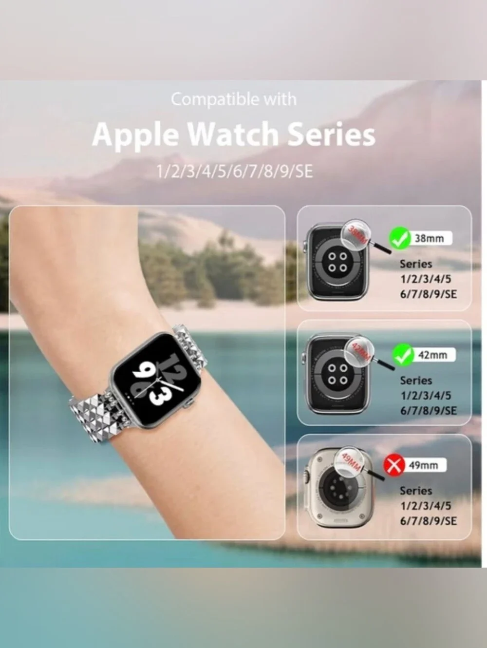 NIB APPLE WATCH BAND Silver Beaded-Compatible w/Series 1–9/SE (42mm,44mm,45mm)